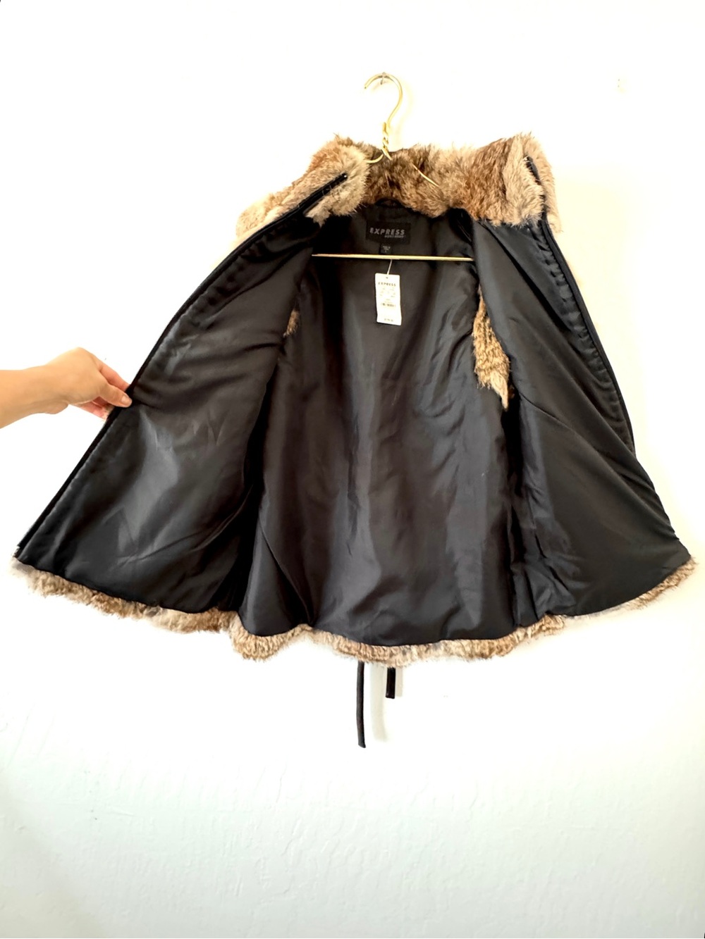 Express World Brown 100% Rabbit Fur Front Zip High Collar Vest with Belt Large - Picture 7 of 11